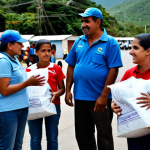 **

"A group of people receiving food aid at a distribution center in Venezuela.  Volunteers are handing out packages of essential goods.  The scene is orderly and hopeful, showing community resilience.  People are wearing modest, everyday clothing.  Background includes simple housing and signs of economic hardship.  Safe for work, appropriate content, fully clothed, professional, family-friendly, perfect anatomy, natural proportions, well-formed hands, proper finger count."

**