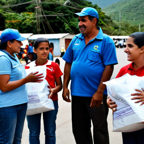 **

"A group of people receiving food aid at a distribution center in Venezuela.  Volunteers are handing out packages of essential goods.  The scene is orderly and hopeful, showing community resilience.  People are wearing modest, everyday clothing.  Background includes simple housing and signs of economic hardship.  Safe for work, appropriate content, fully clothed, professional, family-friendly, perfect anatomy, natural proportions, well-formed hands, proper finger count."

**