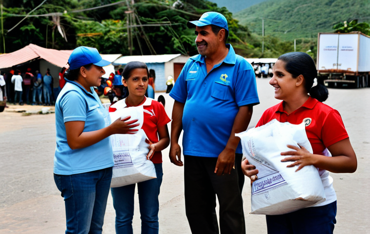 **
"A group of people receiving food aid at a distribution center in Venezuela. Volunteers are handing out packages of essential goods. The scene is orderly and hopeful, showing community resilience. People are wearing modest, everyday clothing. Background includes simple housing and signs of economic hardship. Safe for work, appropriate content, fully clothed, professional, family-friendly, perfect anatomy, natural proportions, well-formed hands, proper finger count."
**