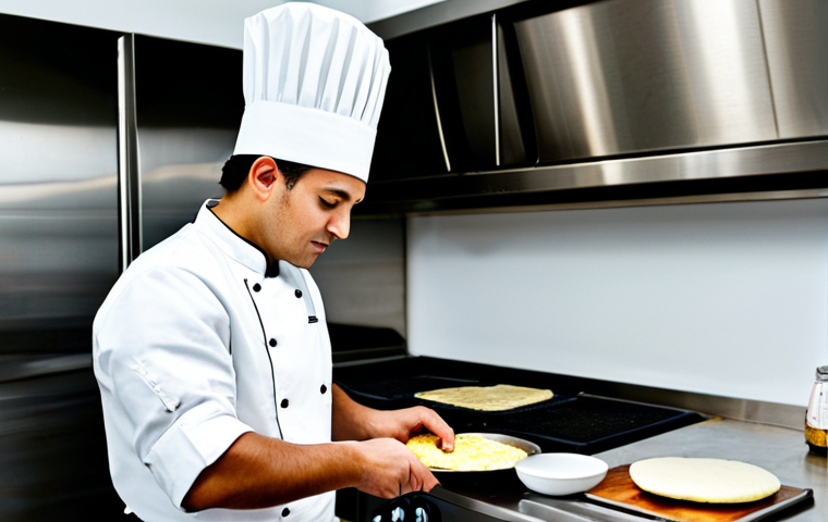 아레파 vs 엠파나다 차이 - **Image Prompt 1:** A professional chef in a clean, modern kitchen, preparing arepas on a stainless ...