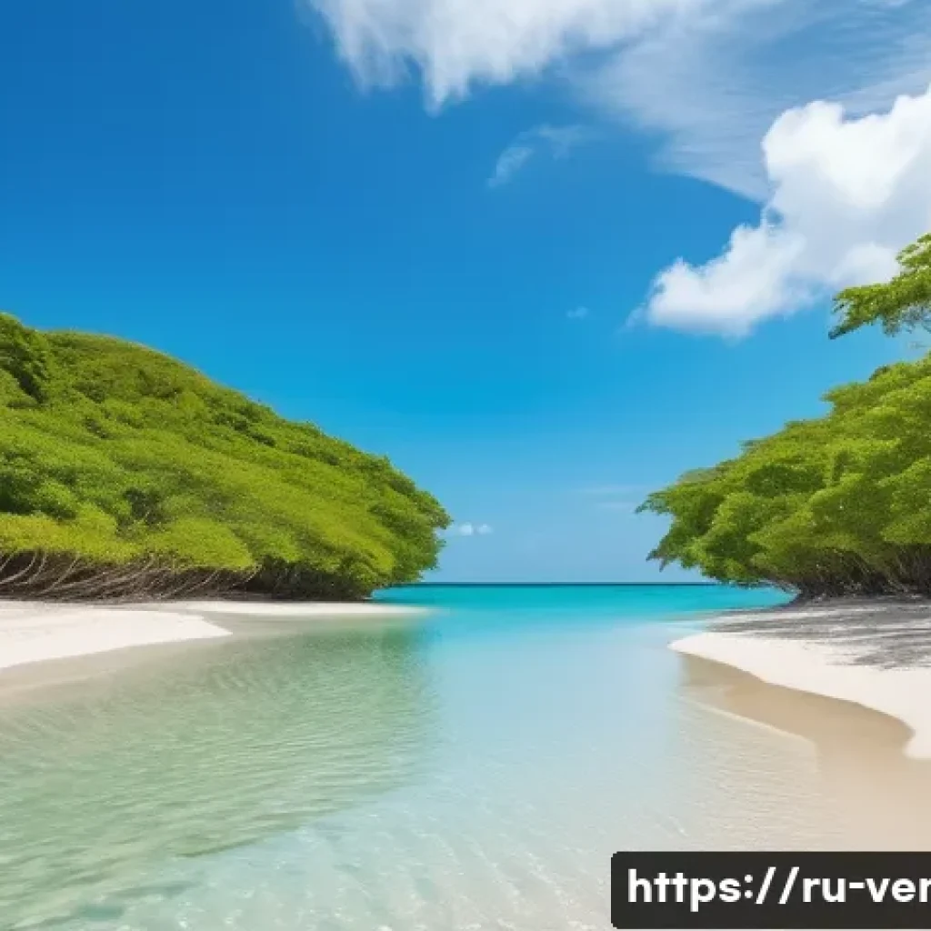 베네수엘라 해안 관광지 추천 - A serene and secluded beach scene at Maduro Beach, Venezuela, featuring soft almost white sand gentl...