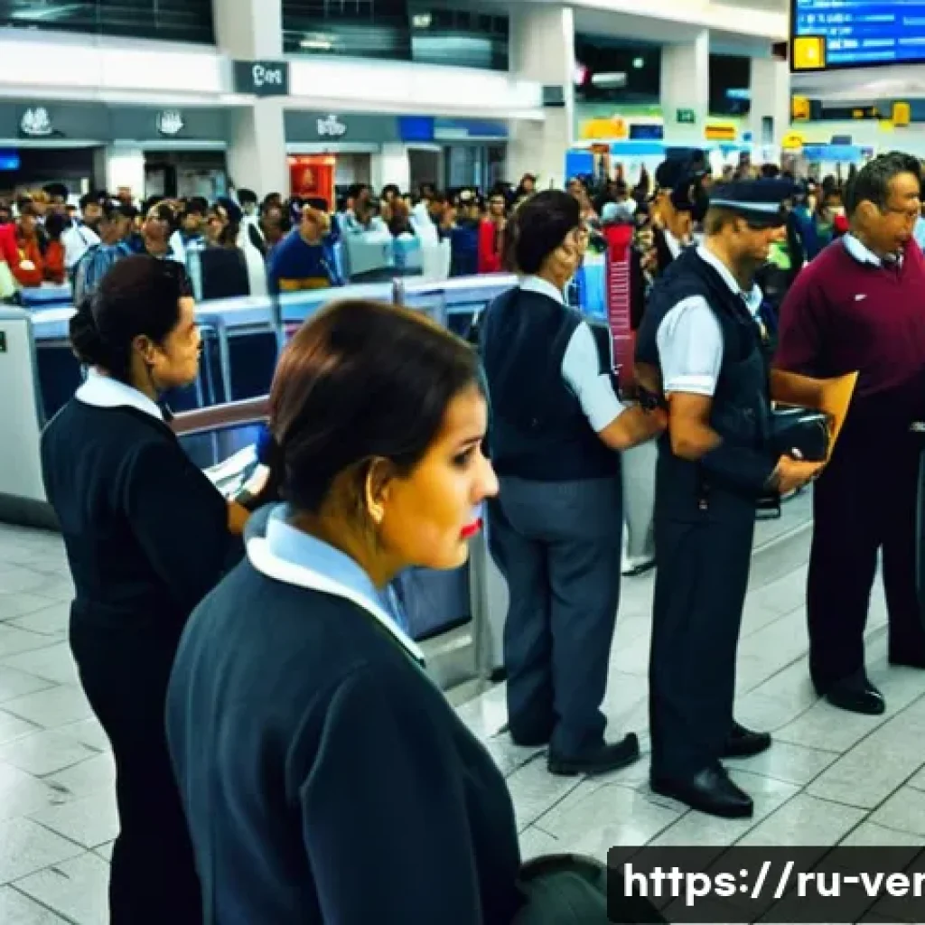 베네수엘라 공항 이용 가이드 - A busy international airport terminal in Venezuela featuring passengers calmly queuing at passport c...