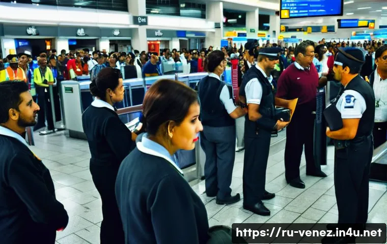 베네수엘라 공항 이용 가이드 - A busy international airport terminal in Venezuela featuring passengers calmly queuing at passport c...