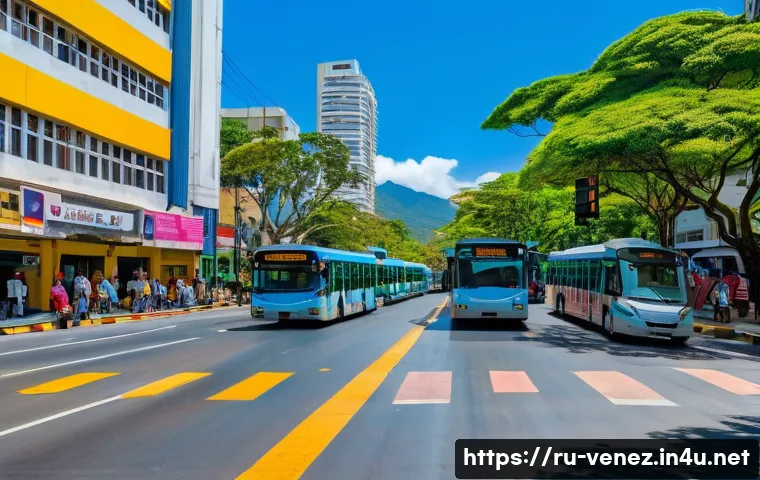 베네수엘라의 주요 도로와 교통체계 - A detailed scene of a busy urban street in Caracas, Venezuela, showcasing a variety of public transp...