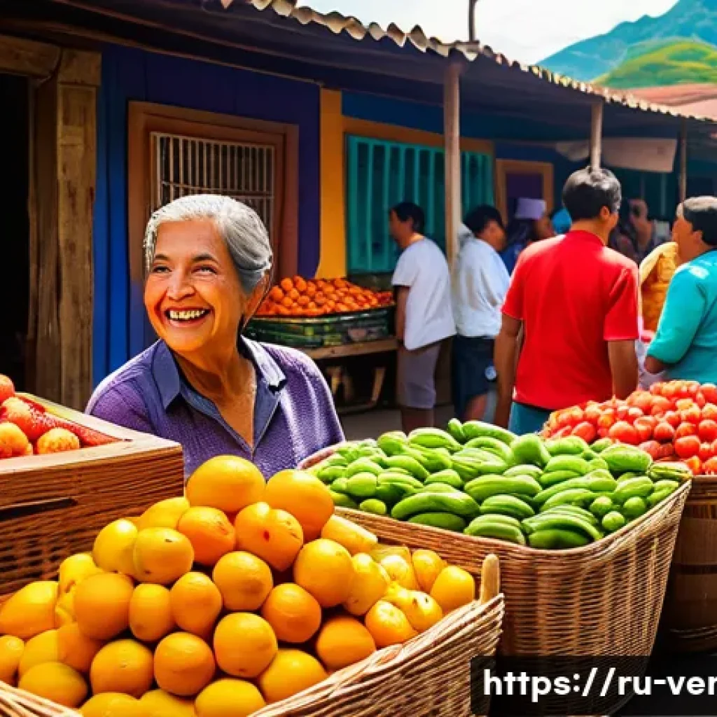 베네수엘라에서 유용한 스페인어 표현 - A vibrant Venezuelan market scene filled with colorful fresh fruits and vegetables, lively local ven...