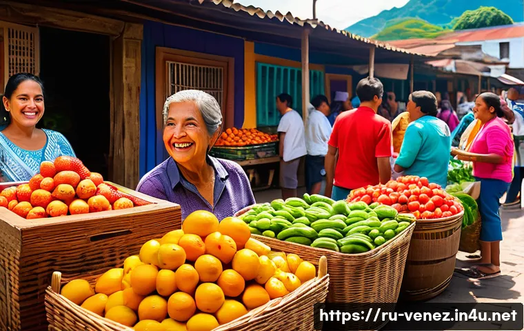 베네수엘라에서 유용한 스페인어 표현 - A vibrant Venezuelan market scene filled with colorful fresh fruits and vegetables, lively local ven...