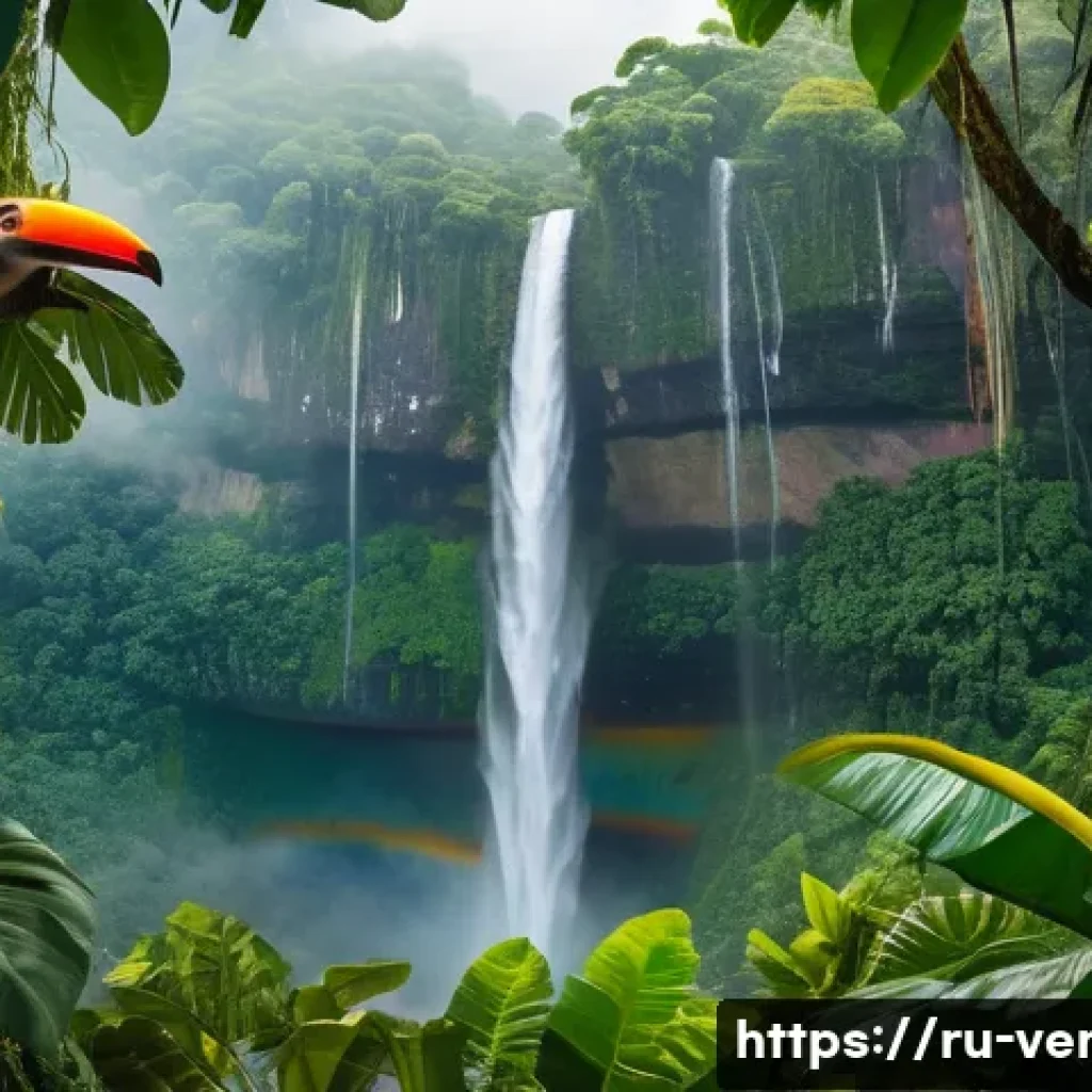 베네수엘라 야생동물과 국립공원 - A detailed and vibrant scene of a tropical rainforest in Canaima National Park, Venezuela, featuring...