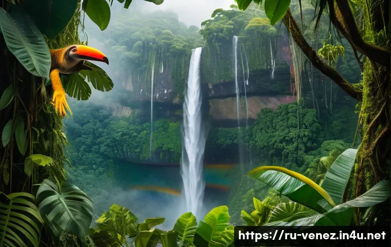 베네수엘라 야생동물과 국립공원 - A detailed and vibrant scene of a tropical rainforest in Canaima National Park, Venezuela, featuring...