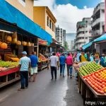 베네수엘라와 브라질 비교 - A vibrant street scene in Caracas, Venezuela, showing bustling open-air markets with colorful stalls...