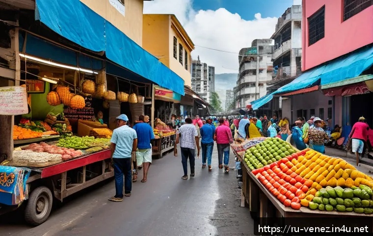 베네수엘라와 브라질 비교 - A vibrant street scene in Caracas, Venezuela, showing bustling open-air markets with colorful stalls...