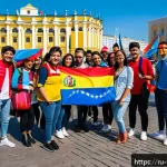 베네수엘라 정치 망명 사례 - A diverse group of young Venezuelan professionals and students warmly interacting at a cultural exch...
