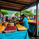 베네수엘라 여행 경비 예상 - A vibrant street market scene in Caracas, Venezuela, showcasing colorful stalls with fresh tropical ...