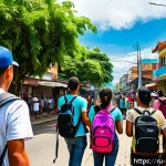 베네수엘라 난민이 가장 많이 가는 국가 - A vibrant street scene in C&uacute;cuta, Colombia near the Venezuelan border, showing Venezuelan migrant fa...