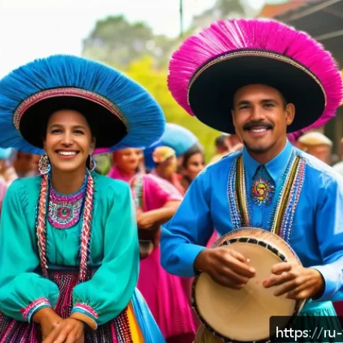 베네수엘라 주요 전통 춤과 음악 - A vibrant street festival scene in Venezuela showcasing traditional musicians playing cuatro guitars...