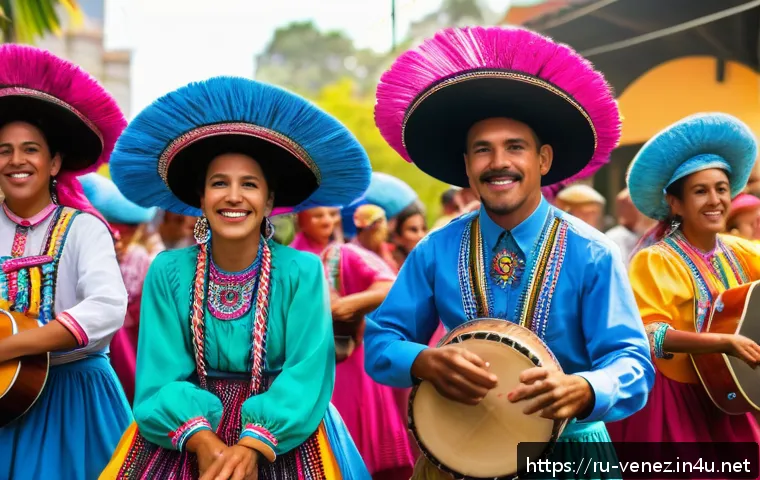 베네수엘라 주요 전통 춤과 음악 - A vibrant street festival scene in Venezuela showcasing traditional musicians playing cuatro guitars...